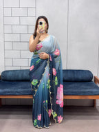 Celebrity Style Tabi Organza Saree with Padded Florals and Cut Dana Hand Work