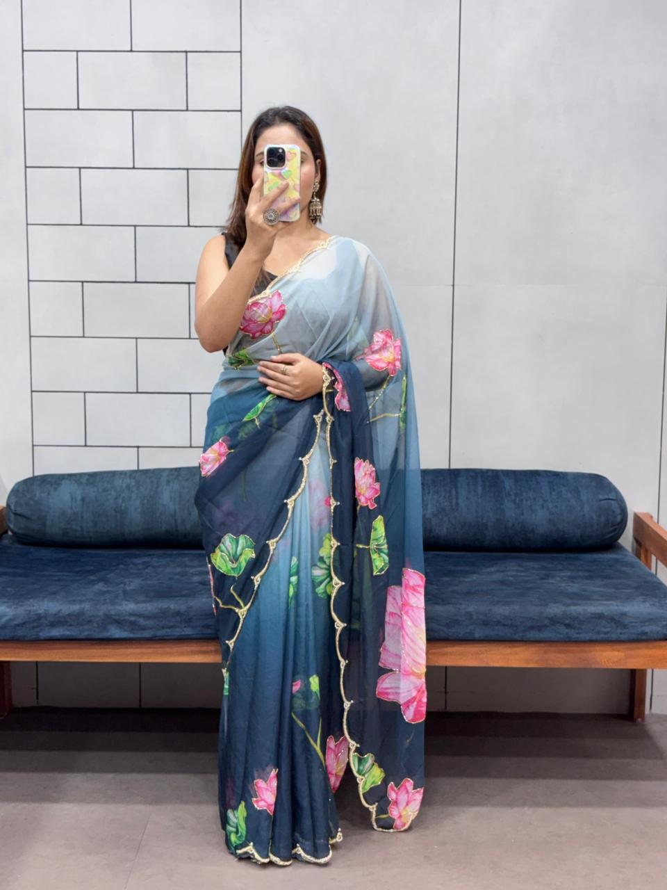 Celebrity Style Tabi Organza Saree with Padded Florals and Cut Dana Hand Work