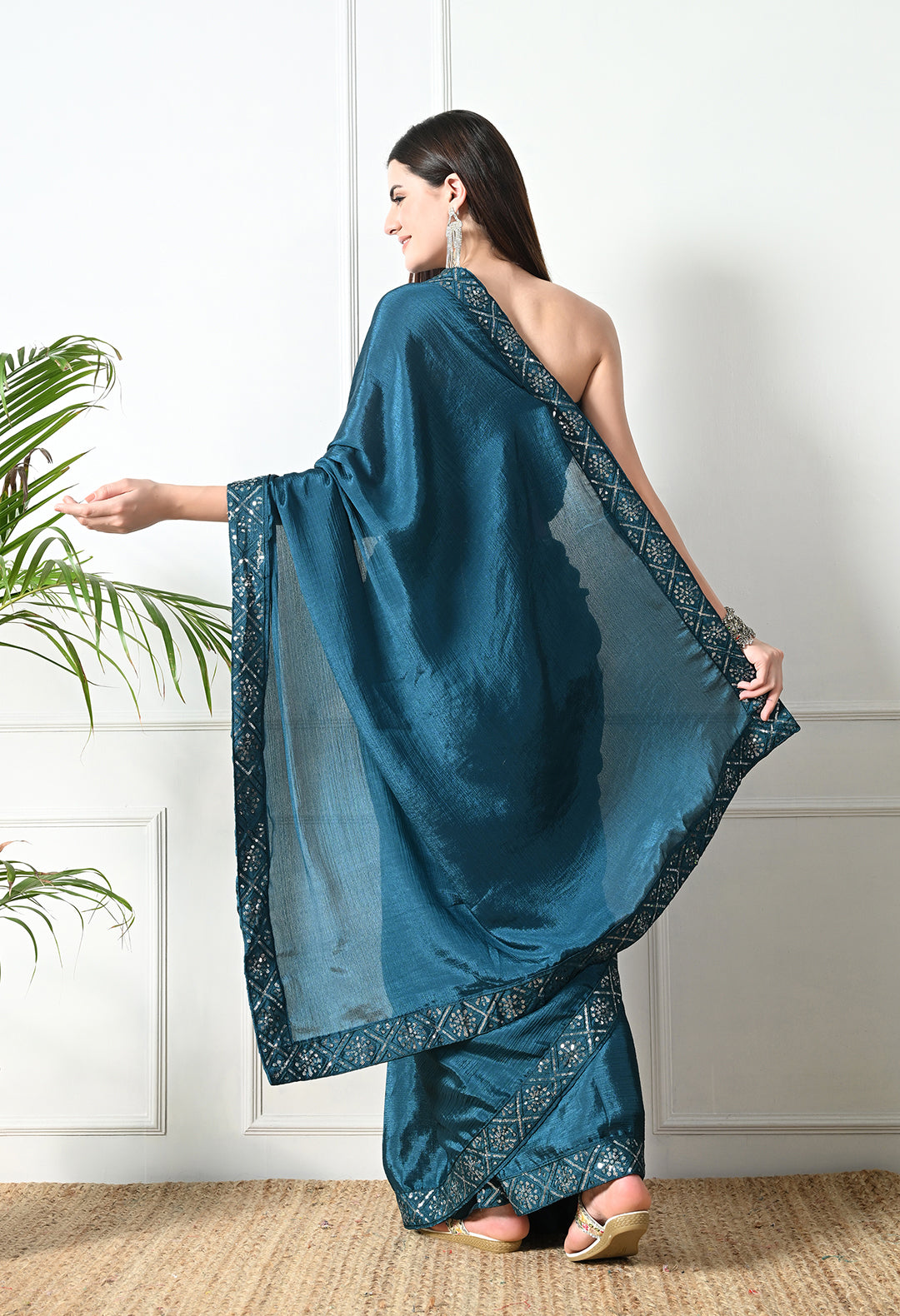Chinon Solid Saree with Embroidered Lace Border