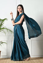 Chinon Solid Saree with Embroidered Lace Border