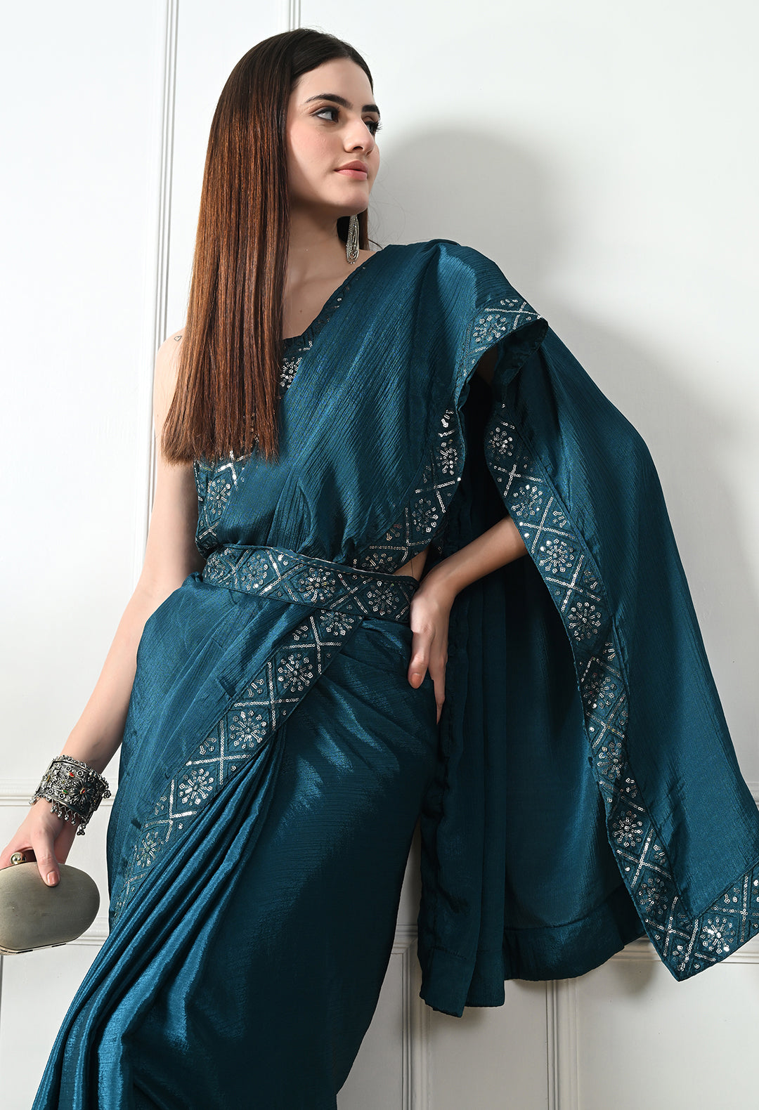 Chinon Solid Saree with Embroidered Lace Border