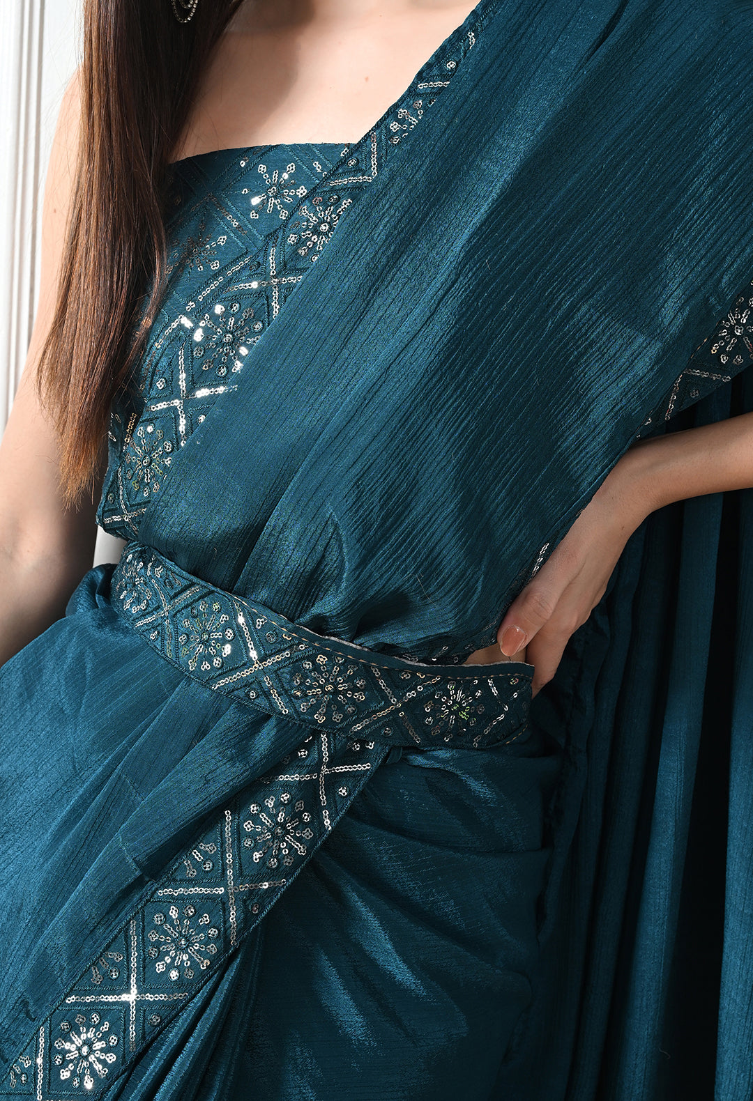 Chinon Solid Saree with Embroidered Lace Border