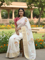 White Dola Silk Floral Hand-Printed Saree with Golden Border