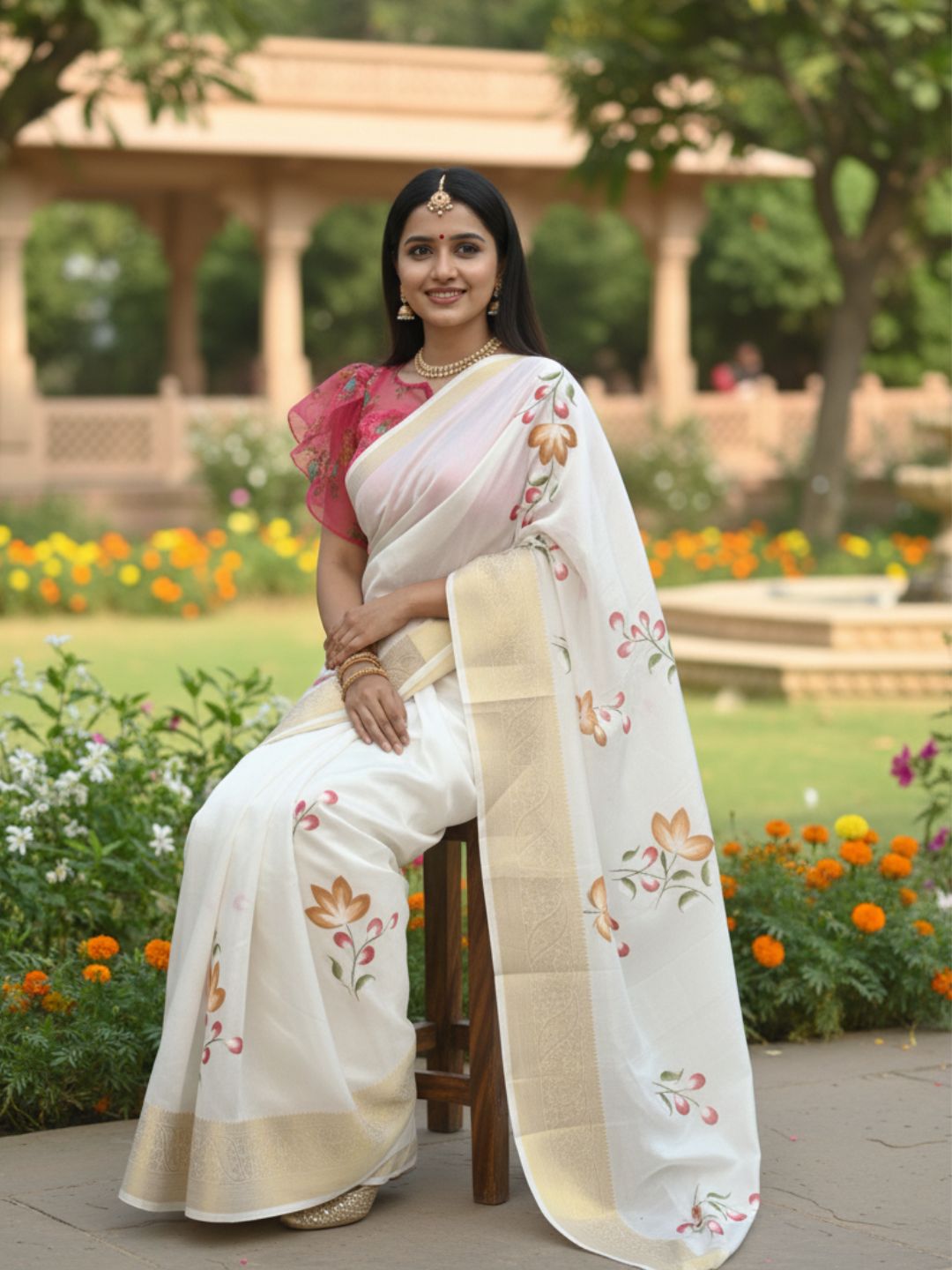 White Dola Silk Floral Hand-Printed Saree with Golden Border