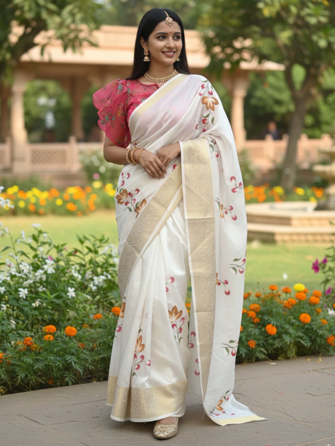 White Dola Silk Floral Hand-Printed Saree with Golden Border