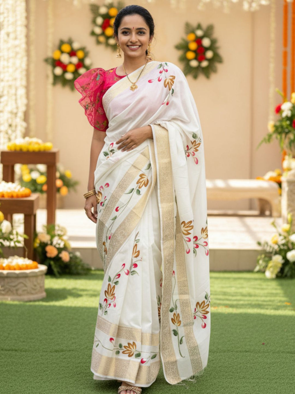 White Dola Silk Floral Hand-Printed Saree with Golden Border - Pionex Fab