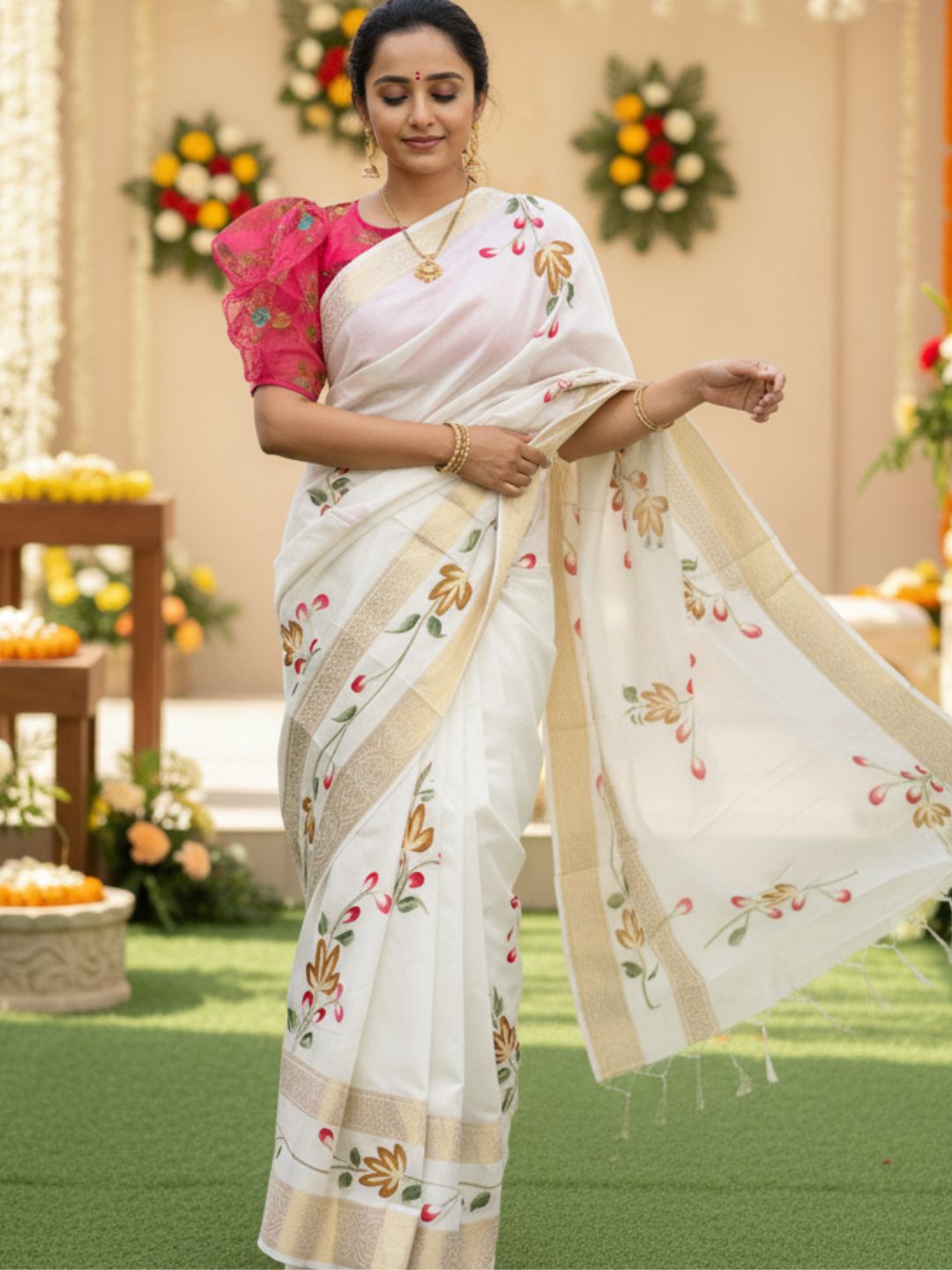 White Dola Silk Floral Hand-Printed Saree with Golden Border