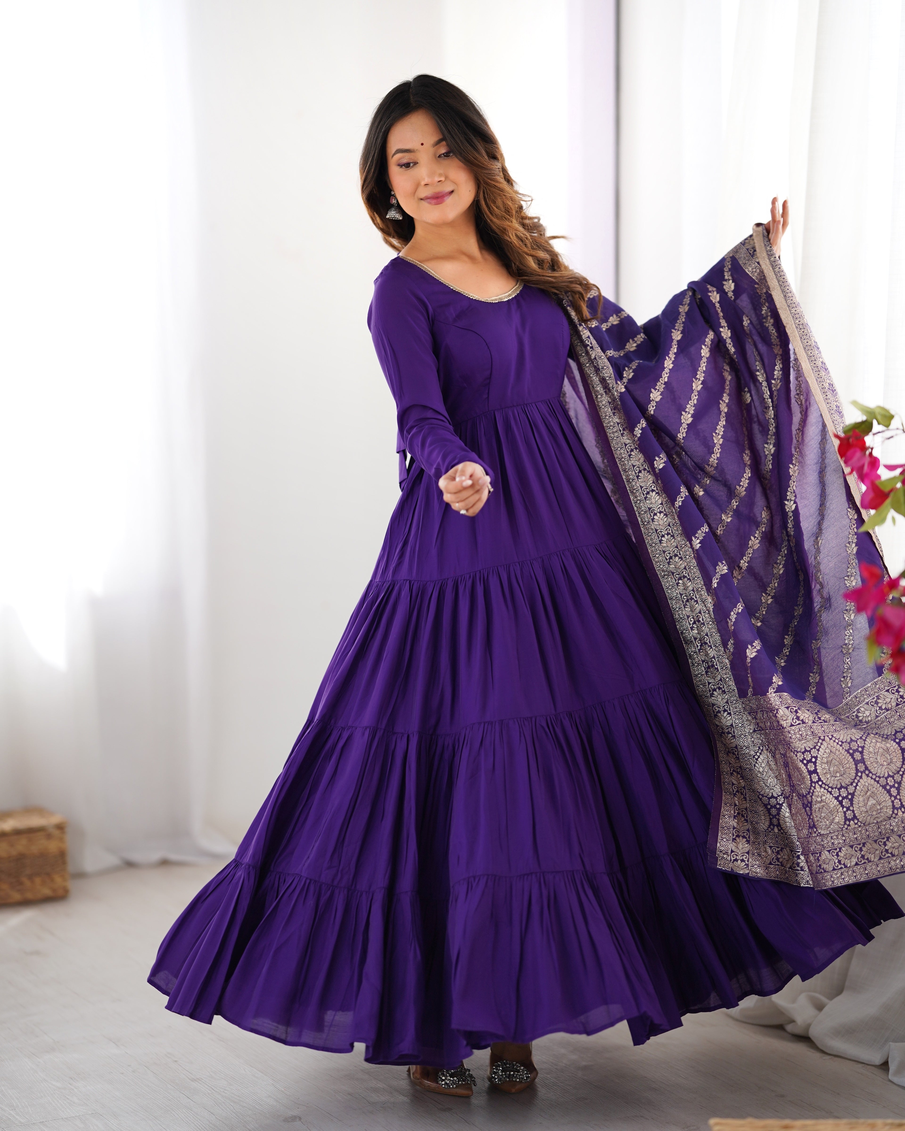 Roman Silk Chanderi Fully Flared Anarkali Suit Set