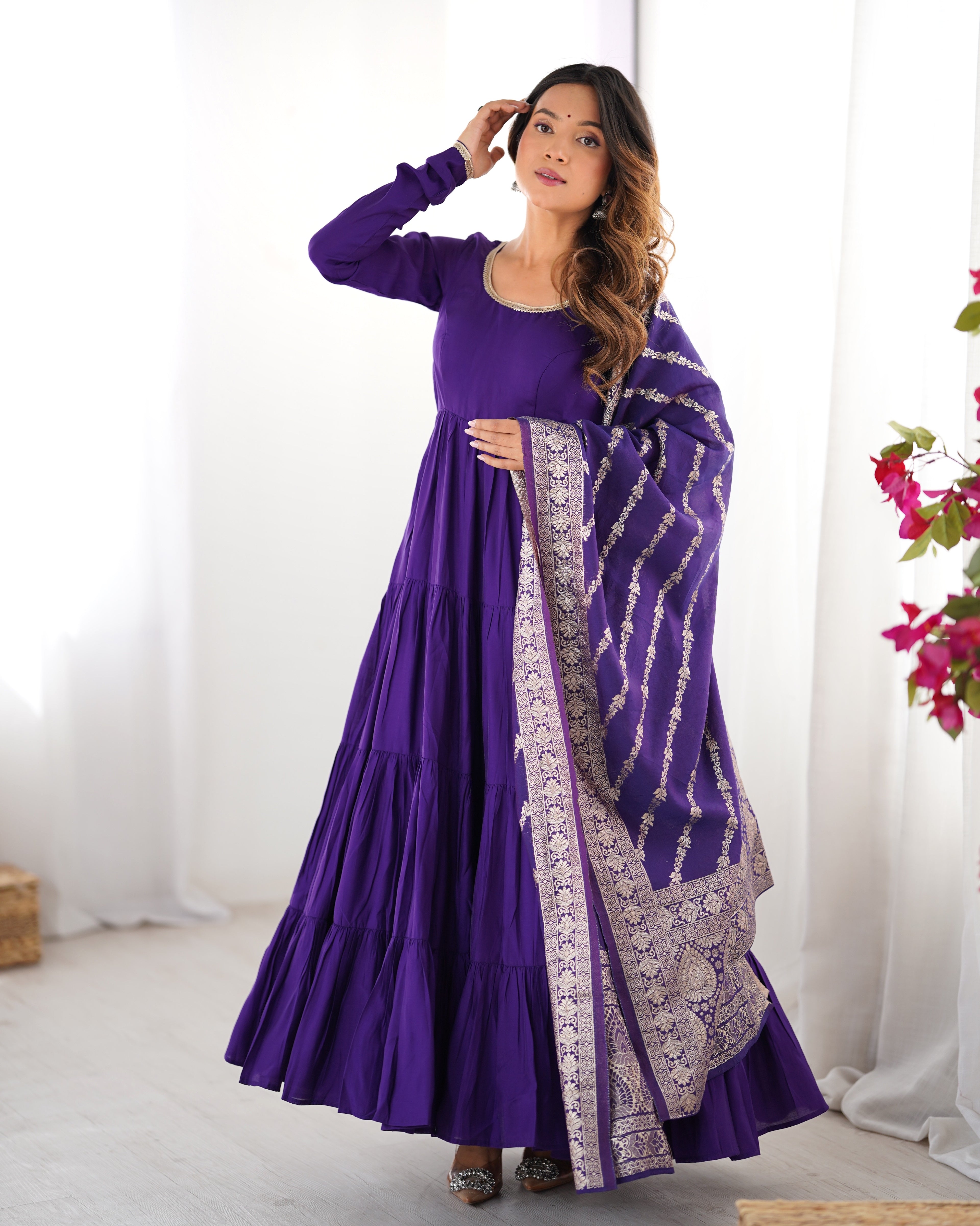 Roman Silk Chanderi Fully Flared Anarkali Suit Set