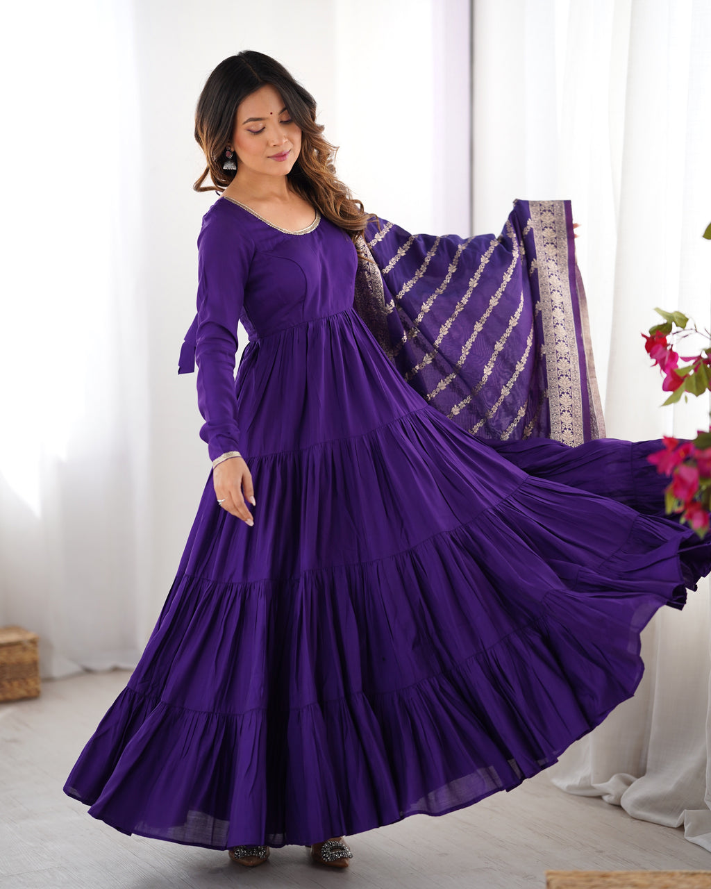 Roman Silk Chanderi Fully Flared Anarkali Suit Set