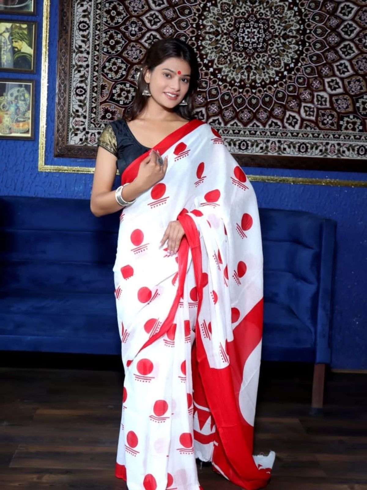 Durga Puja Special Yellow Printed Chanderi Saree