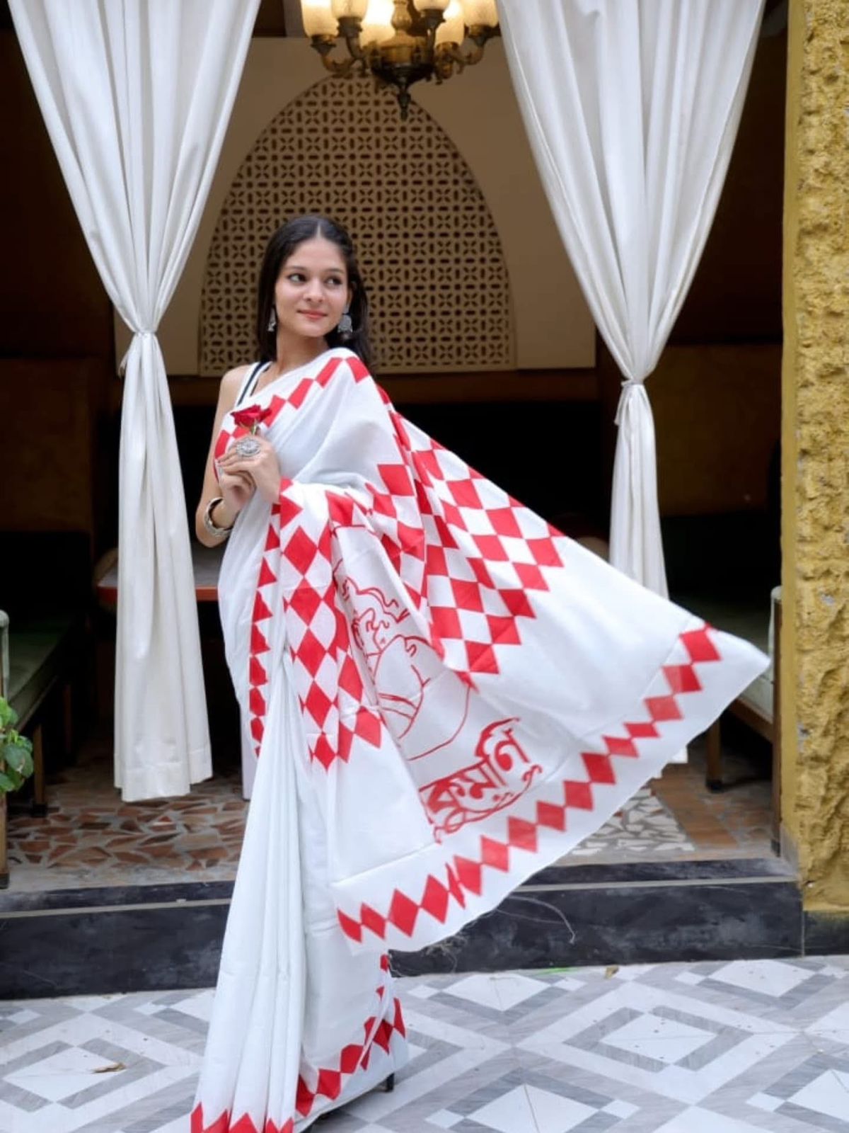 Durga Puja Special Yellow Printed Chanderi Saree