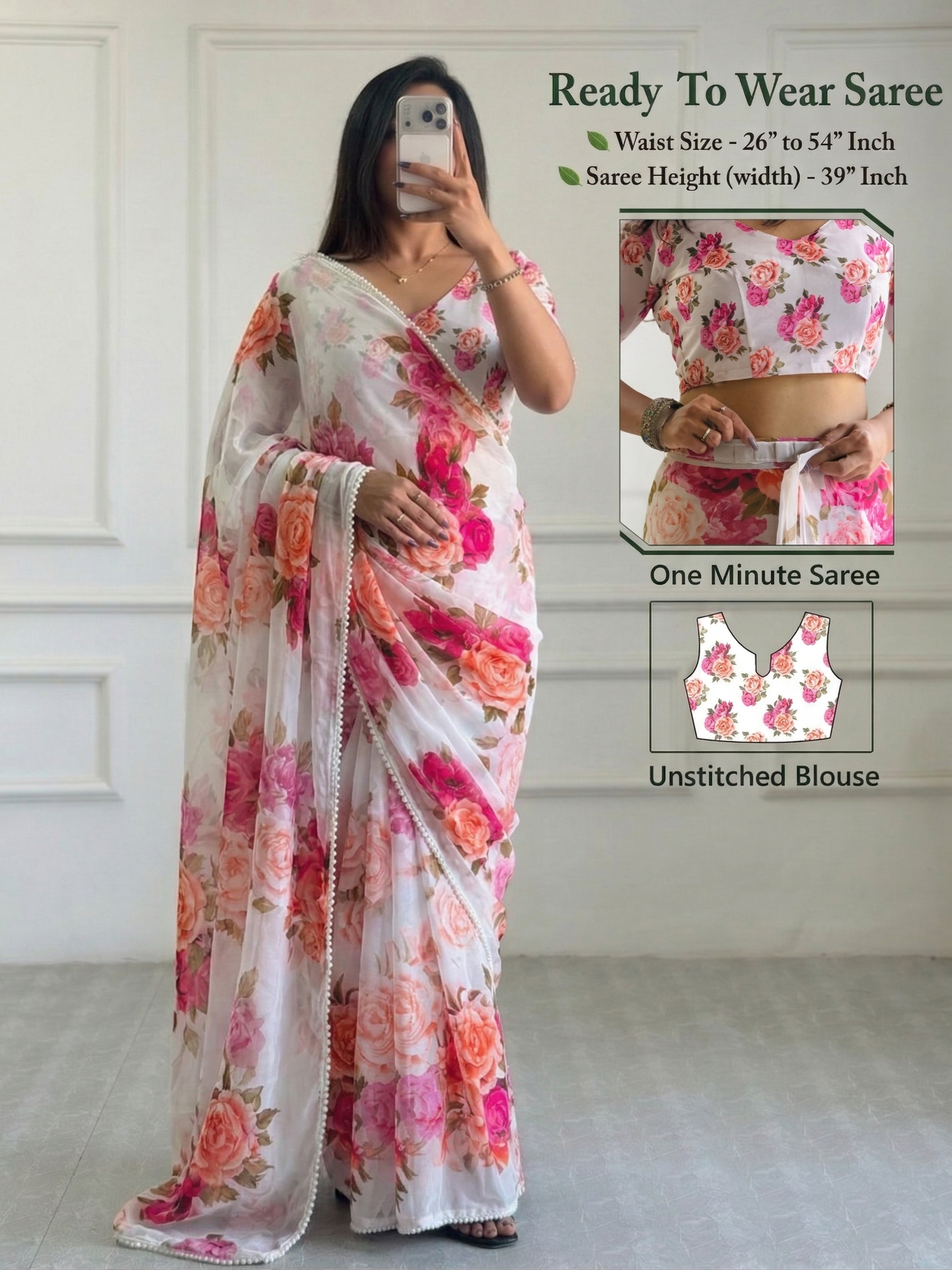 1-Mintue Ready-to-Wear Floral Printed Georgette Saree with Pearl (Moti) Work Border