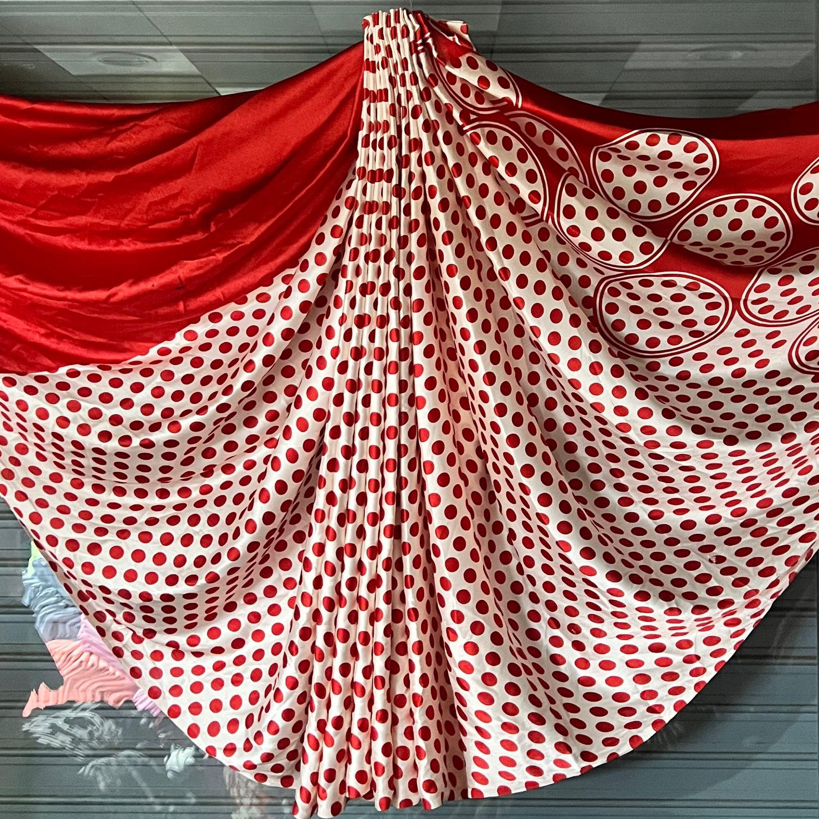 Polka Dot Printed Satin Silk Saree with Smooth Glossy Finish