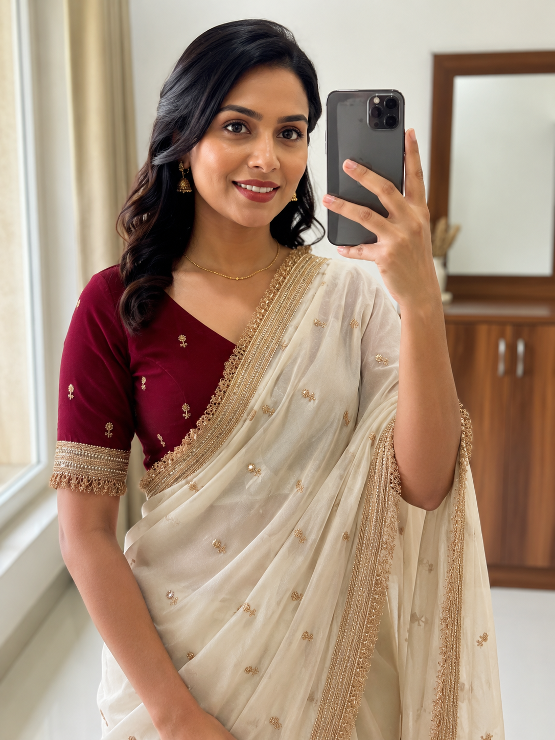 Satin Embroidery Work Saree With Lace Border