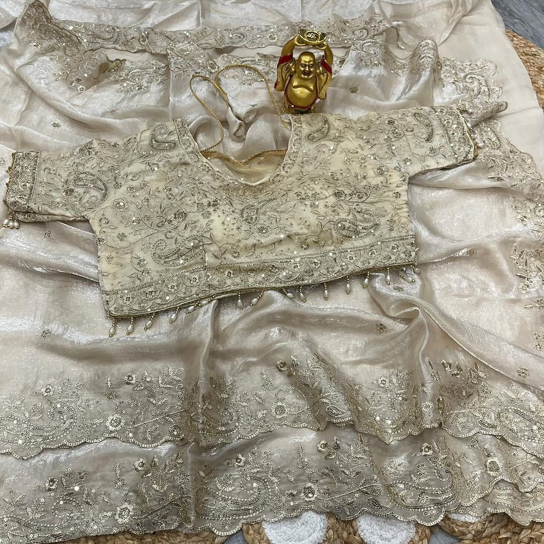 Fendy Satin Embroidered Saree With Stitched Blouse