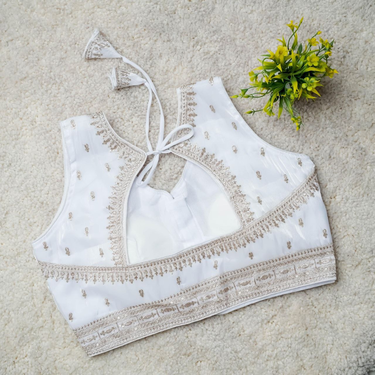 Readymade Jimmy Choo Fabric Embroidered Blouse with Front Hook & Back Tussels