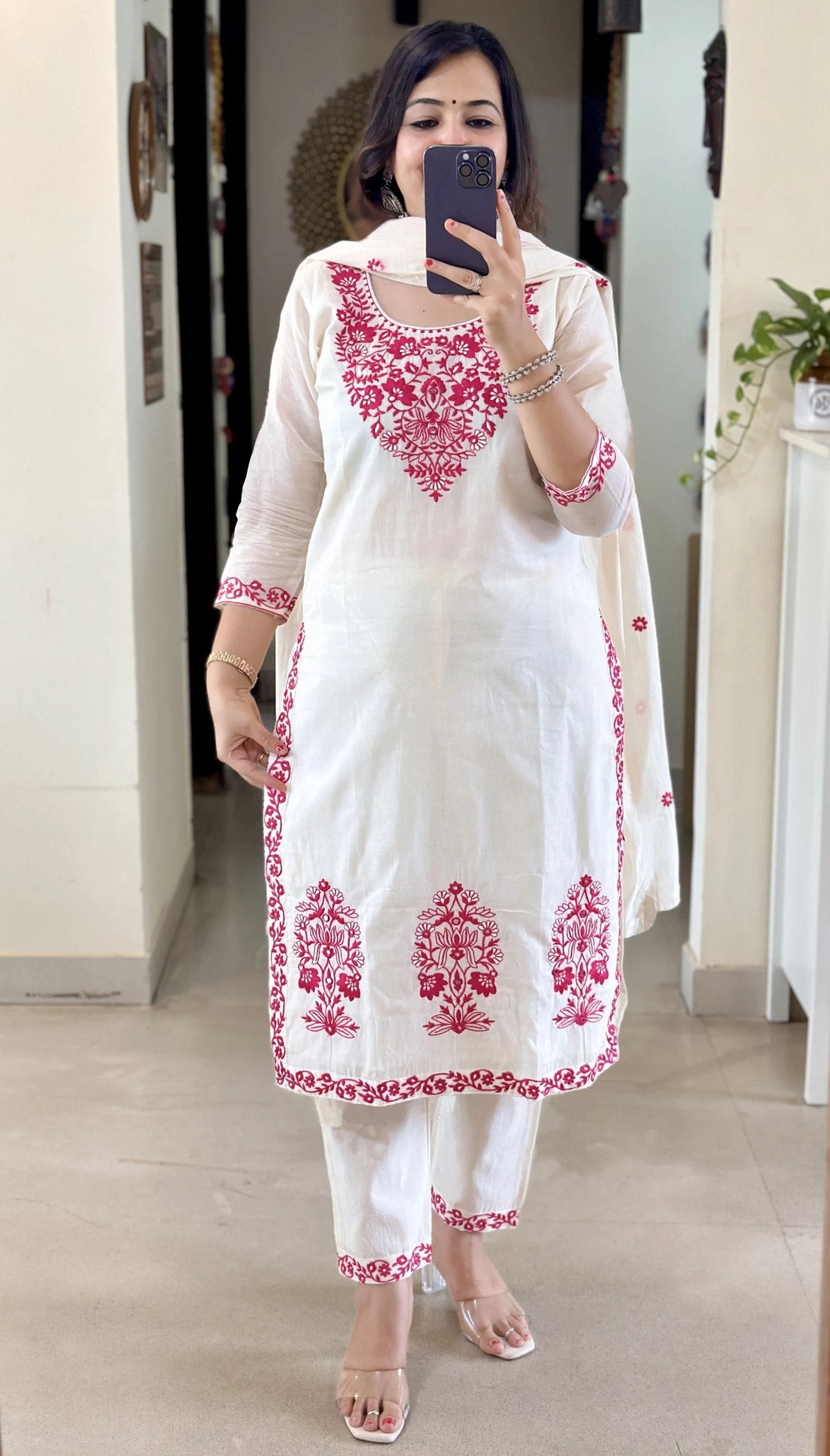 Off White Women's Cotton Silk Embroidered Kurta Set with Dupatta