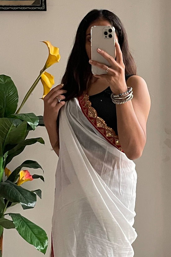 Elegant White Cotton Embroidery Lace Saree with Blouse Piece