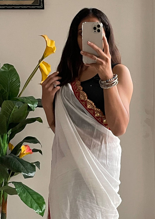 Elegant White Cotton Embroidery Lace Saree with Blouse Piece