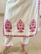Off White Women's Cotton Silk Embroidered Kurta Set with Dupatta