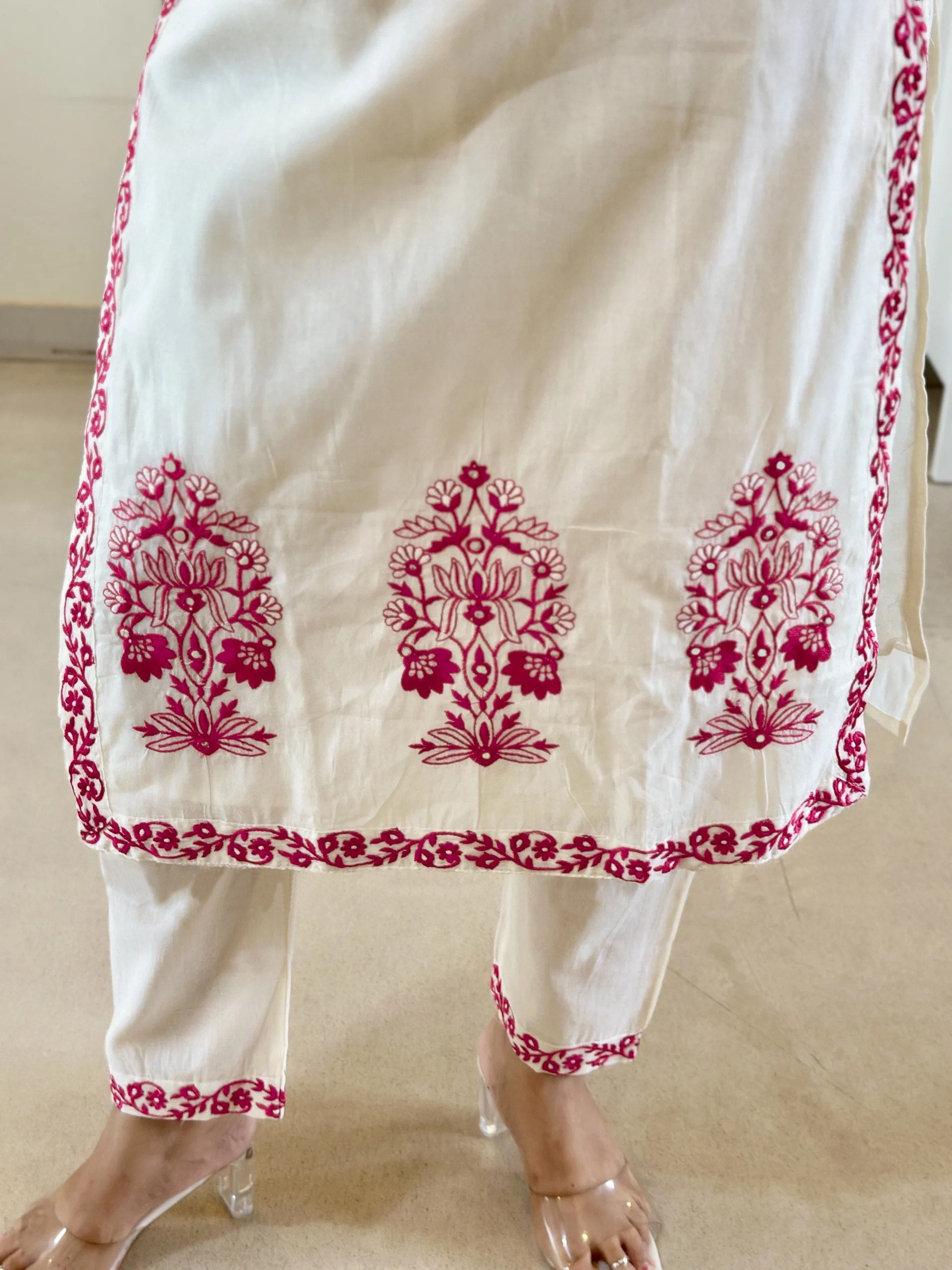 Off White Women's Cotton Silk Embroidered Kurta Set with Dupatta