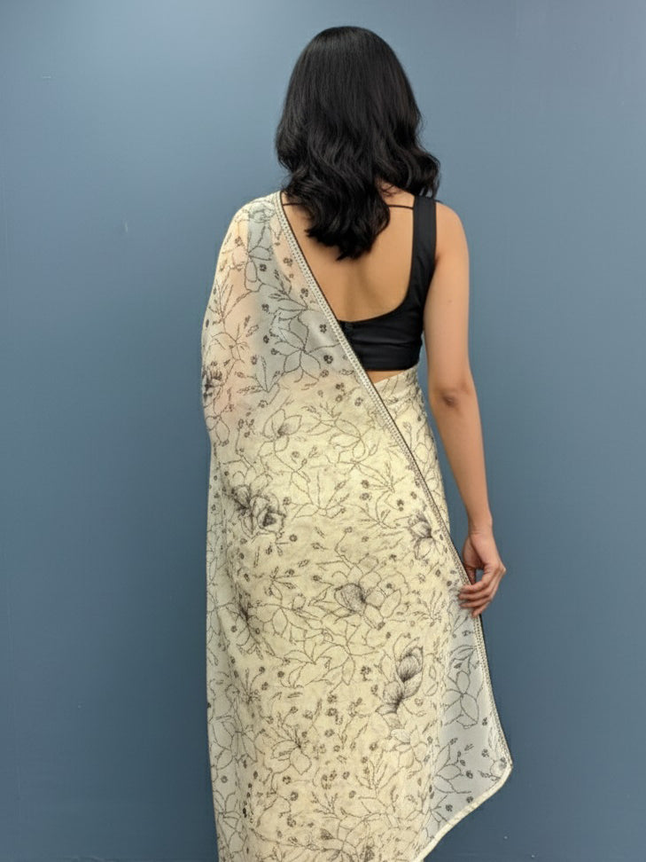 Chiffon Floral Printed Saree with Swarovski Stone Border