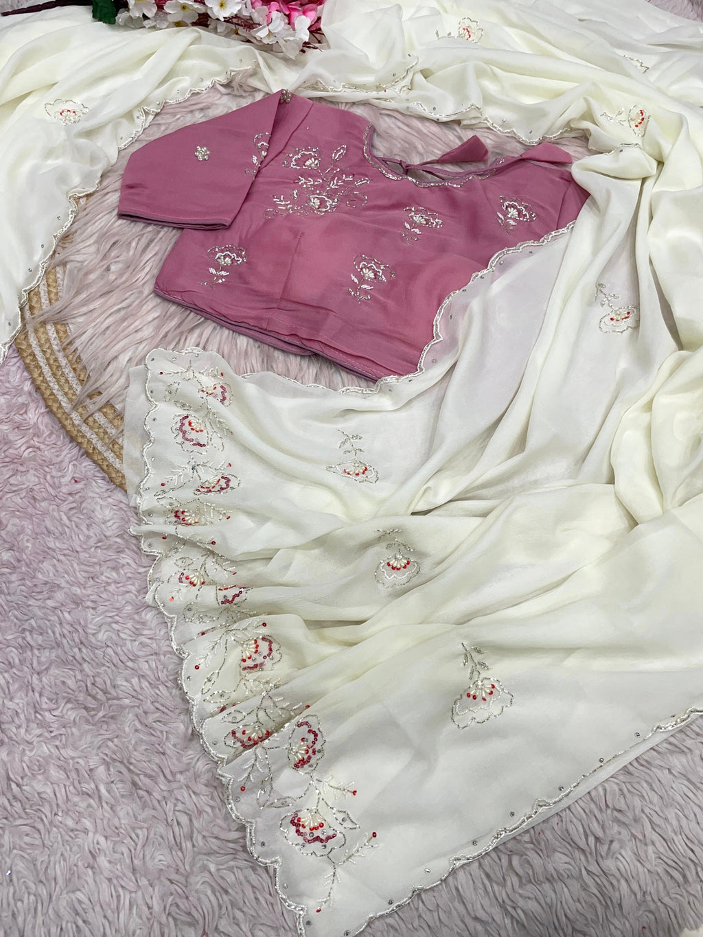 Chiffon Saree with Khatli Handwork & Stiched Blouse