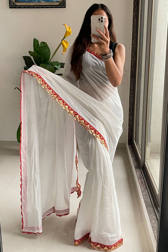 Elegant White Cotton Embroidery Lace Saree with Blouse Piece