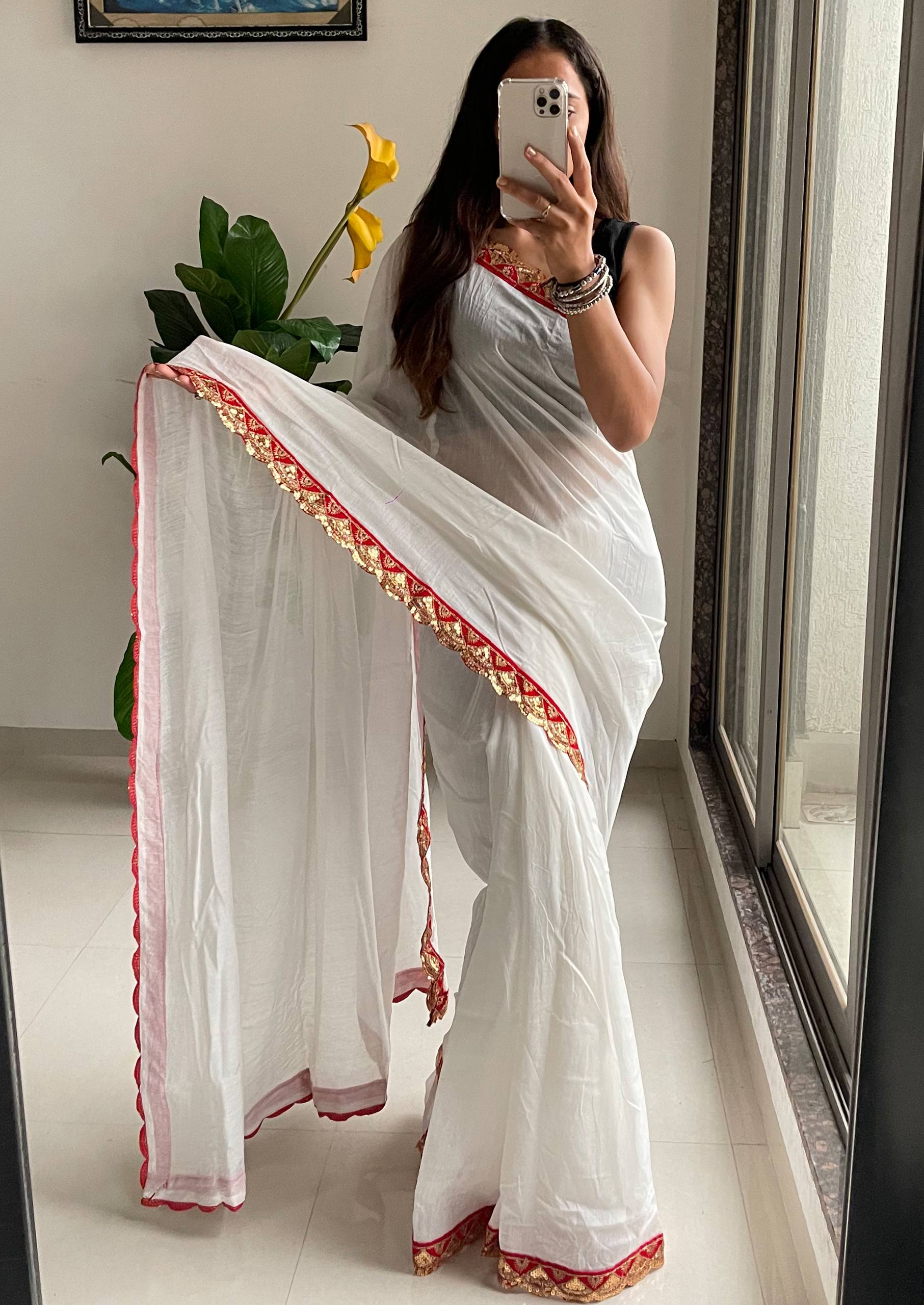 Elegant White Cotton Embroidery Lace Saree with Blouse Piece