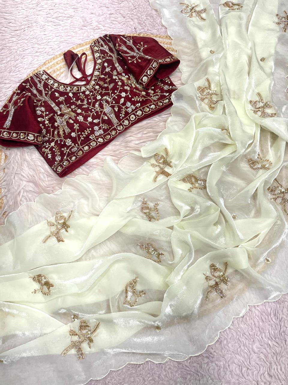 Satin Saree with Heavy Beaded Work Stitched Blouse