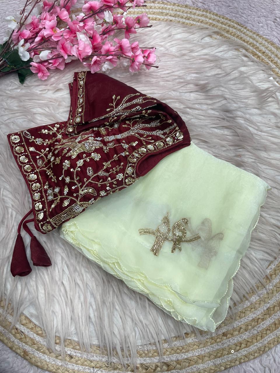 Satin Saree with Heavy Beaded Work Stitched Blouse