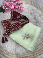 Satin Saree with Heavy Beaded Work Stitched Blouse