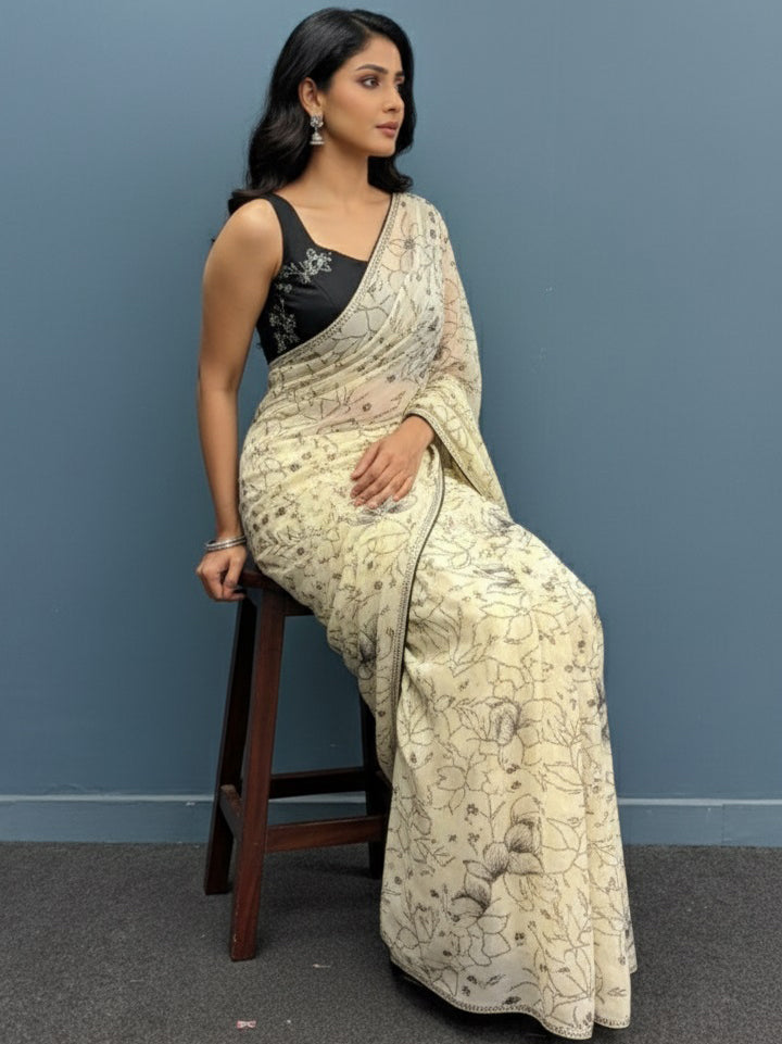 Chiffon Floral Printed Saree with Swarovski Stone Border