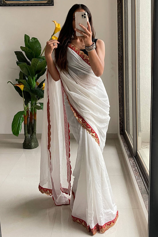 Elegant White Cotton Embroidery Lace Saree with Blouse Piece