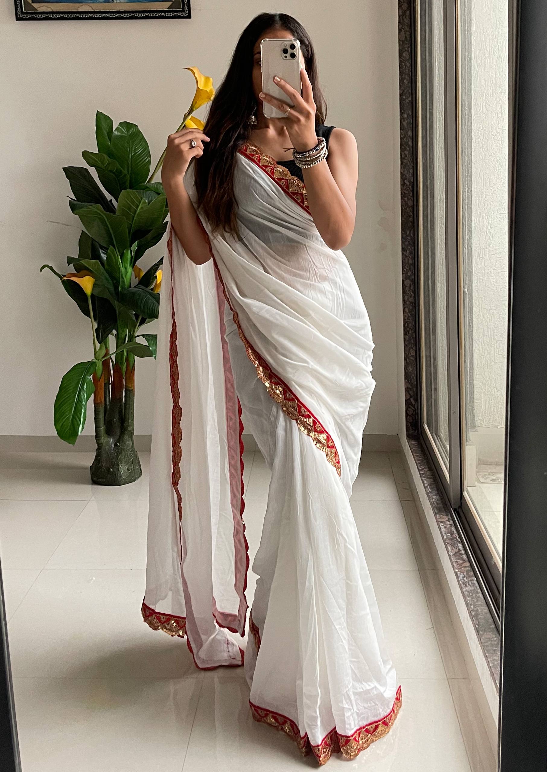 Elegant White Cotton Embroidery Lace Saree with Blouse Piece