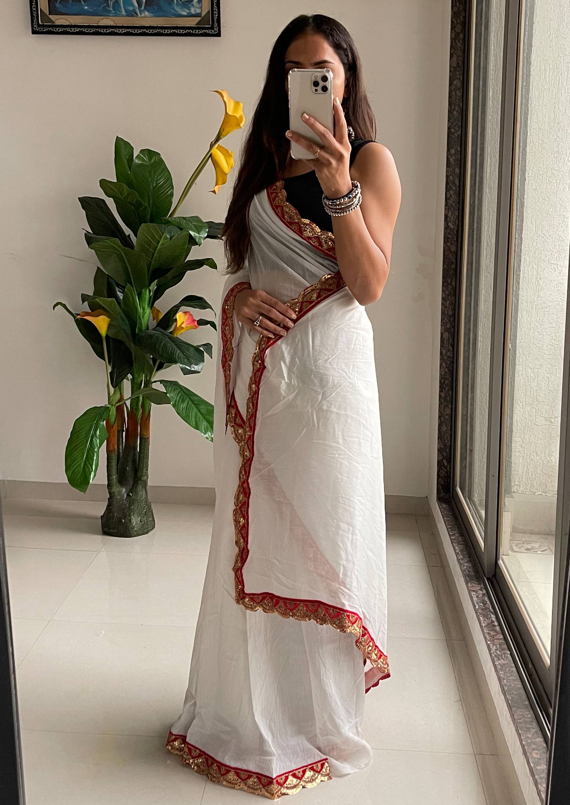 Elegant White Cotton Embroidery Lace Saree with Blouse Piece