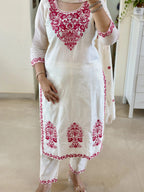 Off White Women's Cotton Silk Embroidered Kurta Set with Dupatta