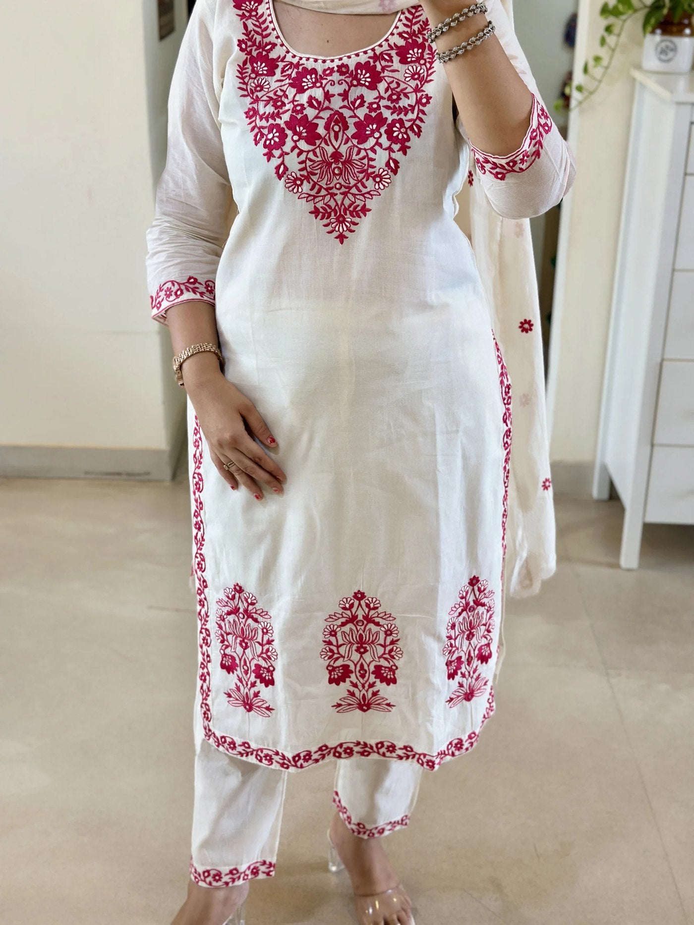 Off White Women's Cotton Silk Embroidered Kurta Set with Dupatta