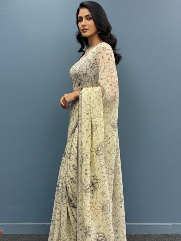 Chiffon Floral Printed Saree with Swarovski Stone Border