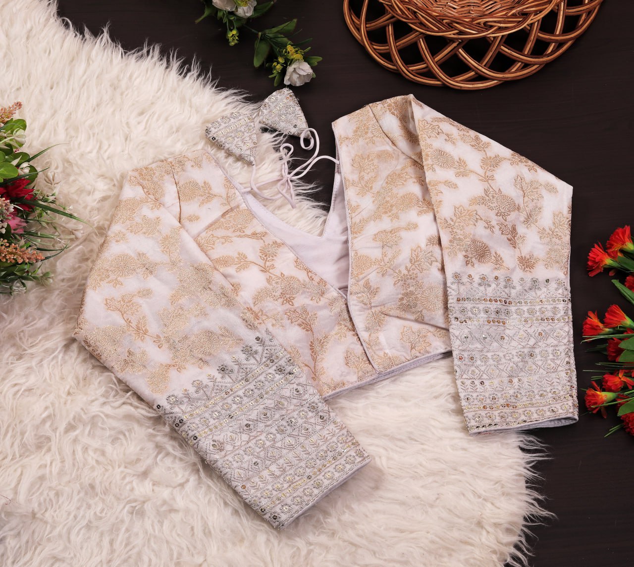 Pure Dola Silk Jacquard Embroidered Blouse