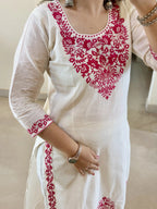 Off White Women's Cotton Silk Embroidered Kurta Set with Dupatta