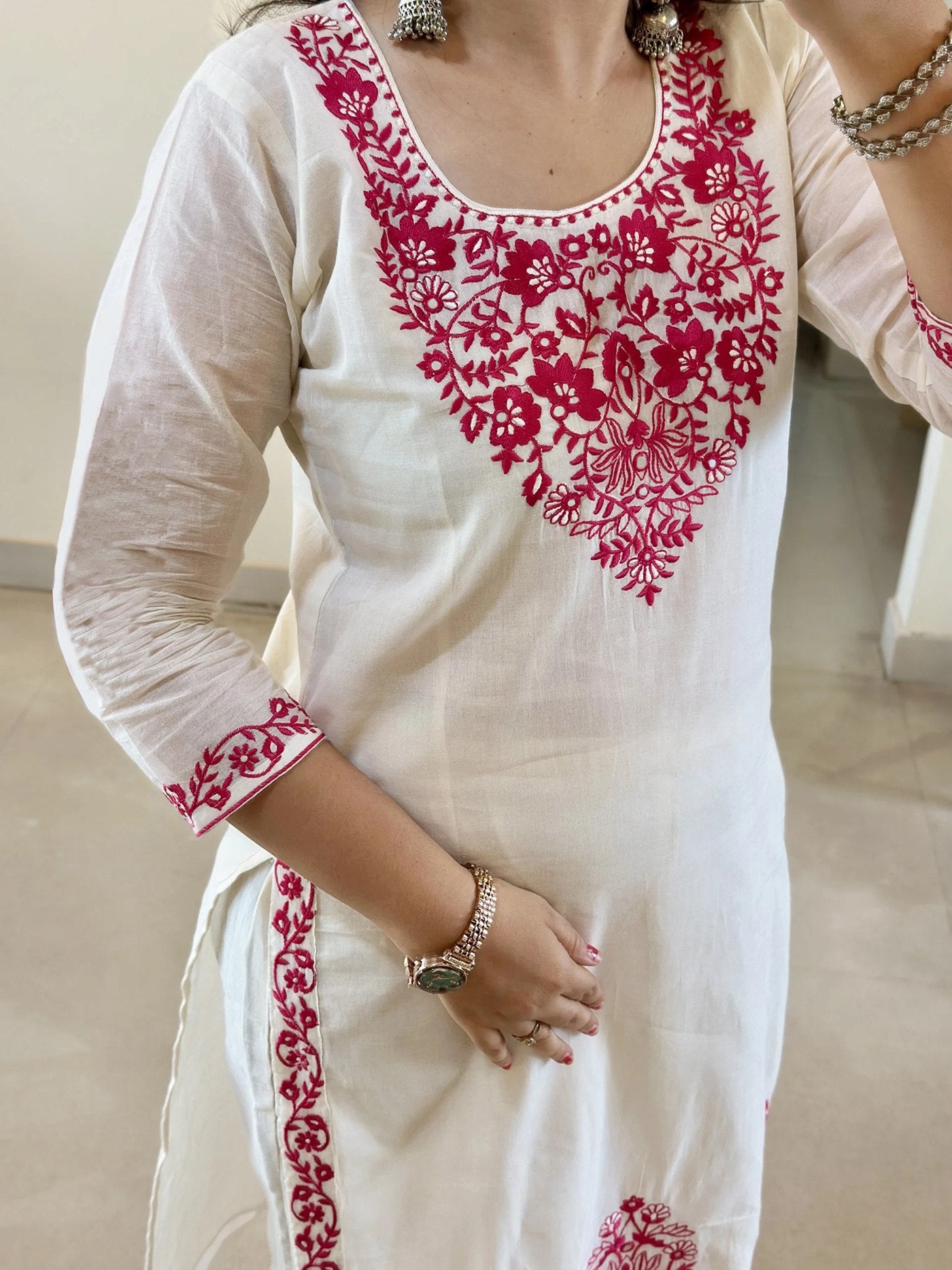 Off White Women's Cotton Silk Embroidered Kurta Set with Dupatta