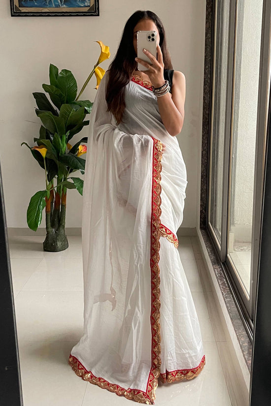 Elegant White Cotton Embroidery Lace Saree with Blouse Piece