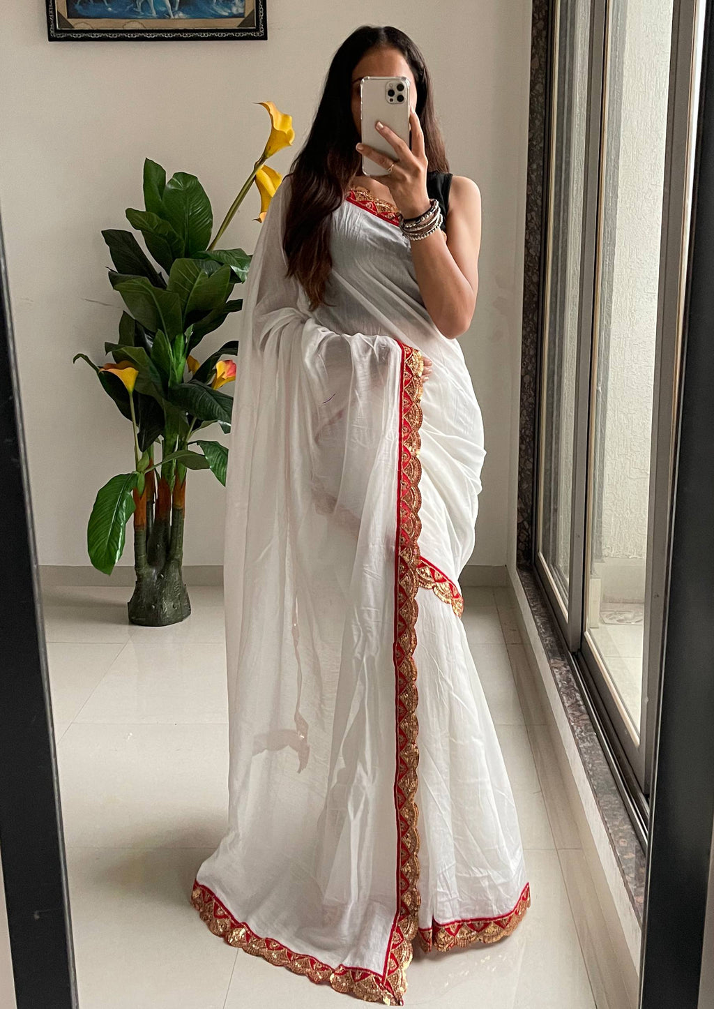 Elegant White Cotton Embroidery Lace Saree with Blouse Piece