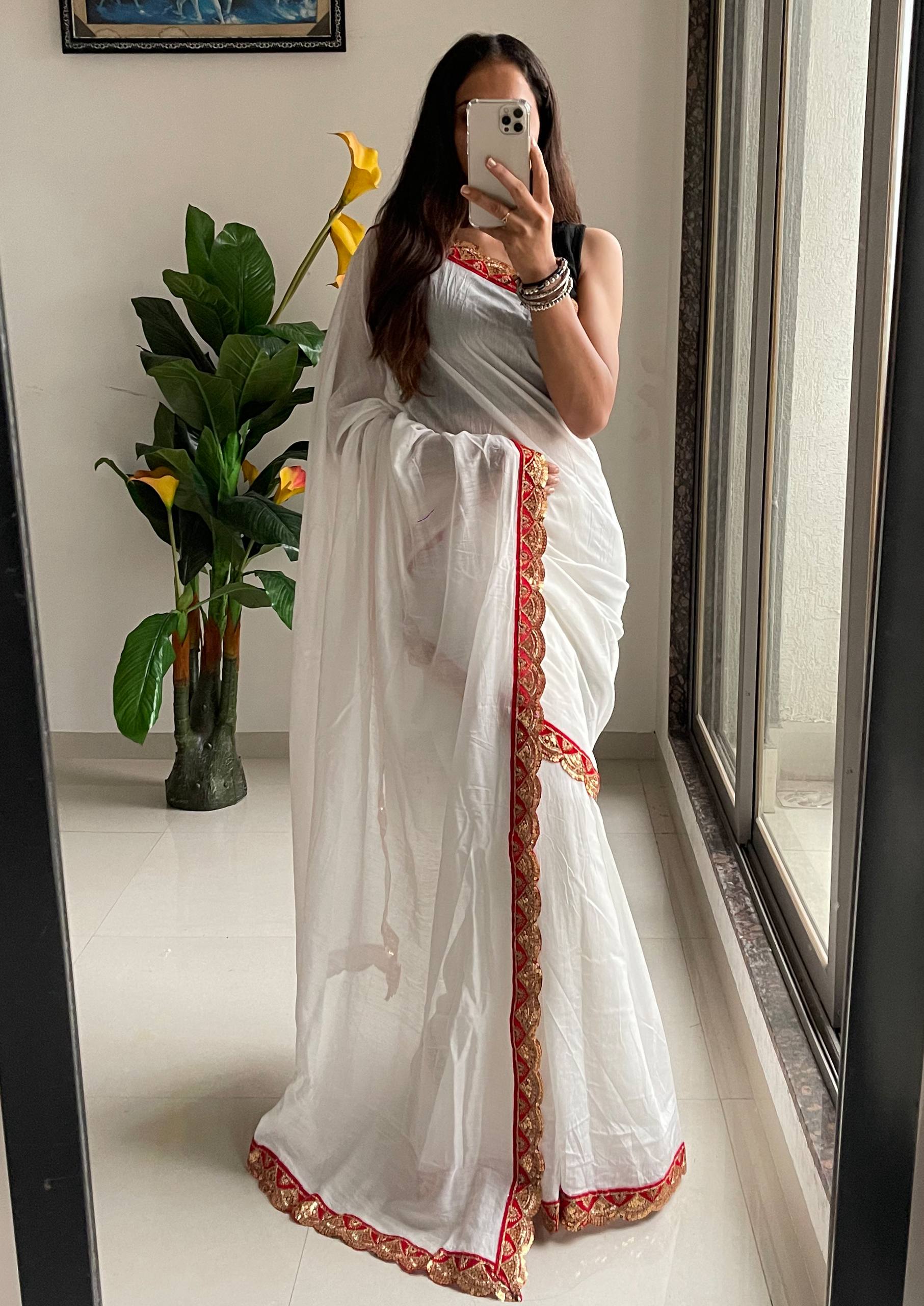Elegant White Cotton Embroidery Lace Saree with Blouse Piece