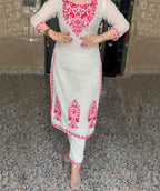 Off White Women's Cotton Silk Embroidered Kurta Set with Dupatta