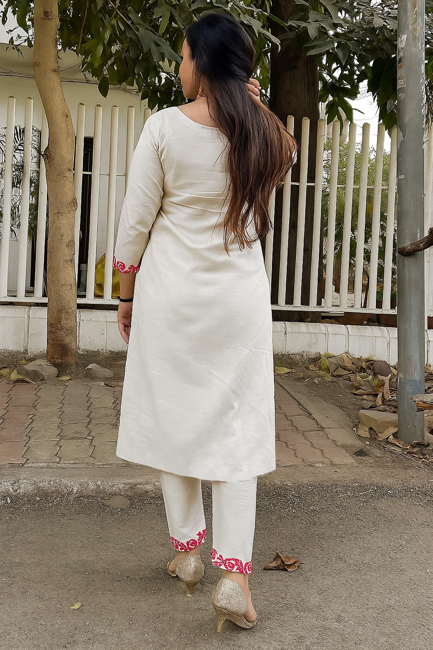 Off White Women's Cotton Silk Embroidered Kurta Set with Dupatta