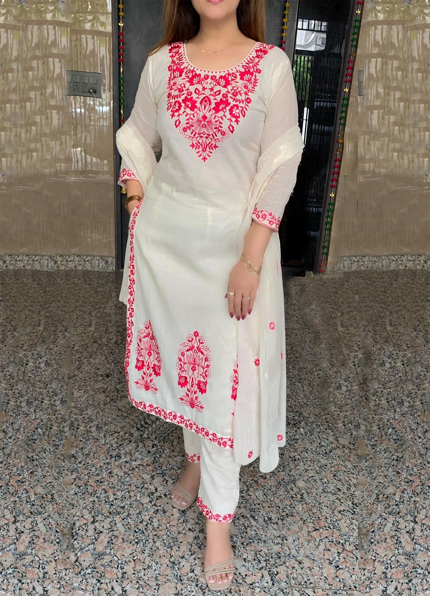 Off White Women's Cotton Silk Embroidered Kurta Set with Dupatta
