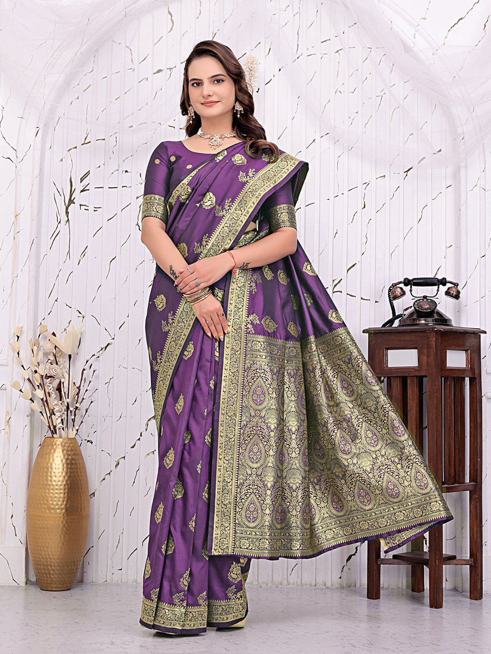 Ready To Wear Banarasi Silk Saree with Zari Woven Border